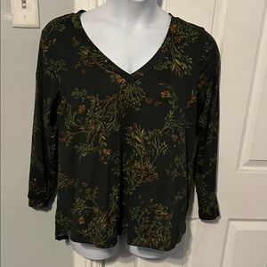Molly & Isadora Olive Floral V-Neck Women Top